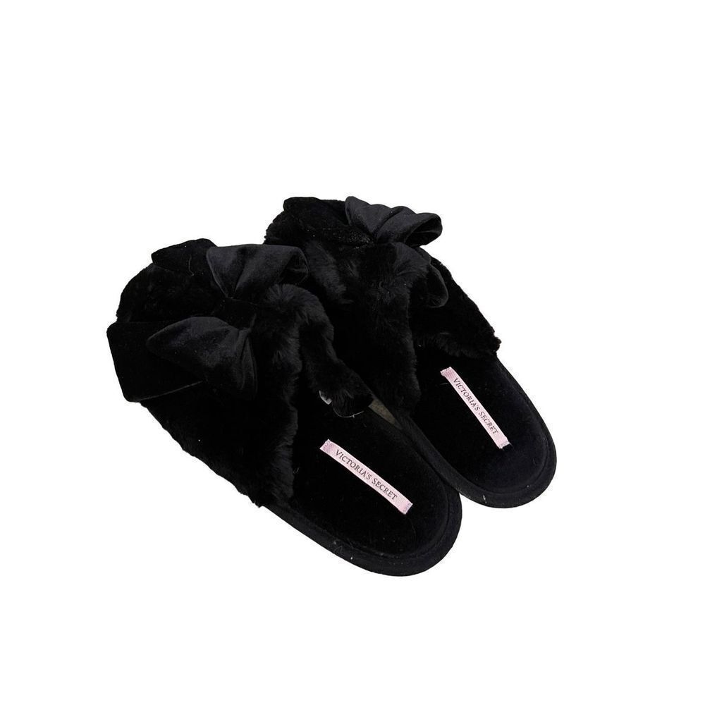 Victoria's Secret Womens Black Close Toe Bow Slip On Slide Fluffy Slippers Large